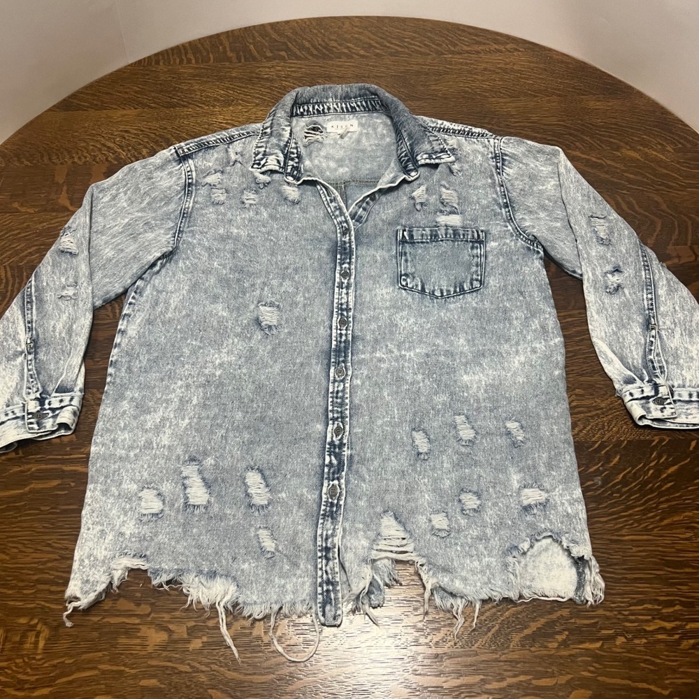 Risen Denim Shirt Womens Small Blue Acid Wash Distressed Raw Hem Long Sleeve